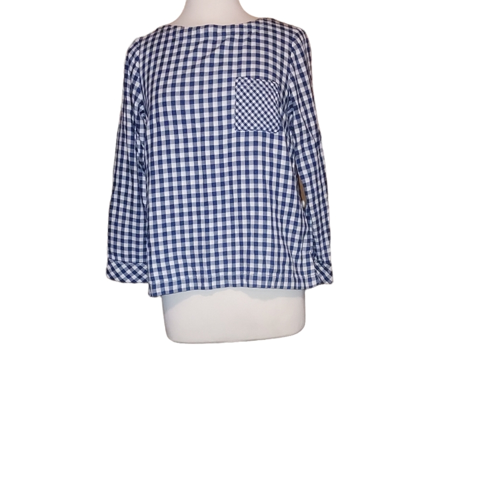 J Jill Sp Blouse Long Sleeve Gingham Blue White Scoop Neck Top Shirt 100…